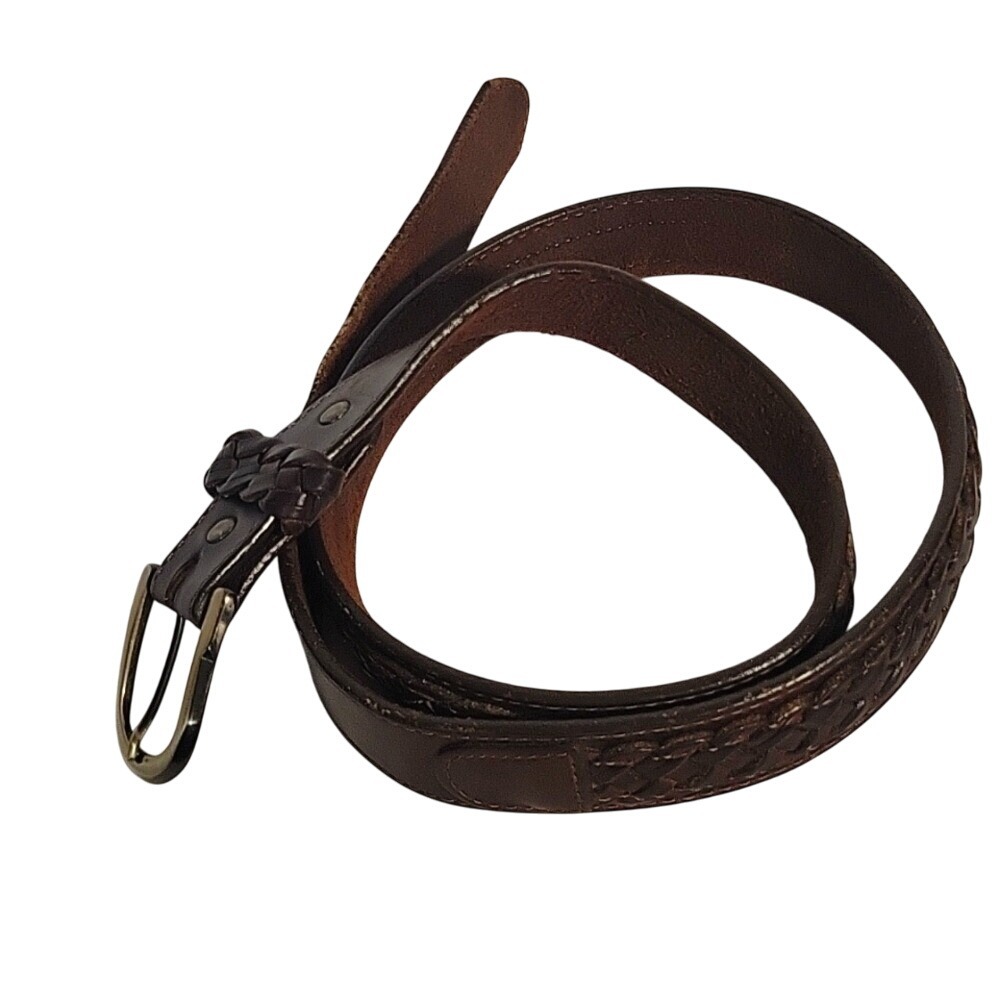 VINTAGE Leather‎ Belt Strap Embossing Western Scrollwork Strap Brown Size M